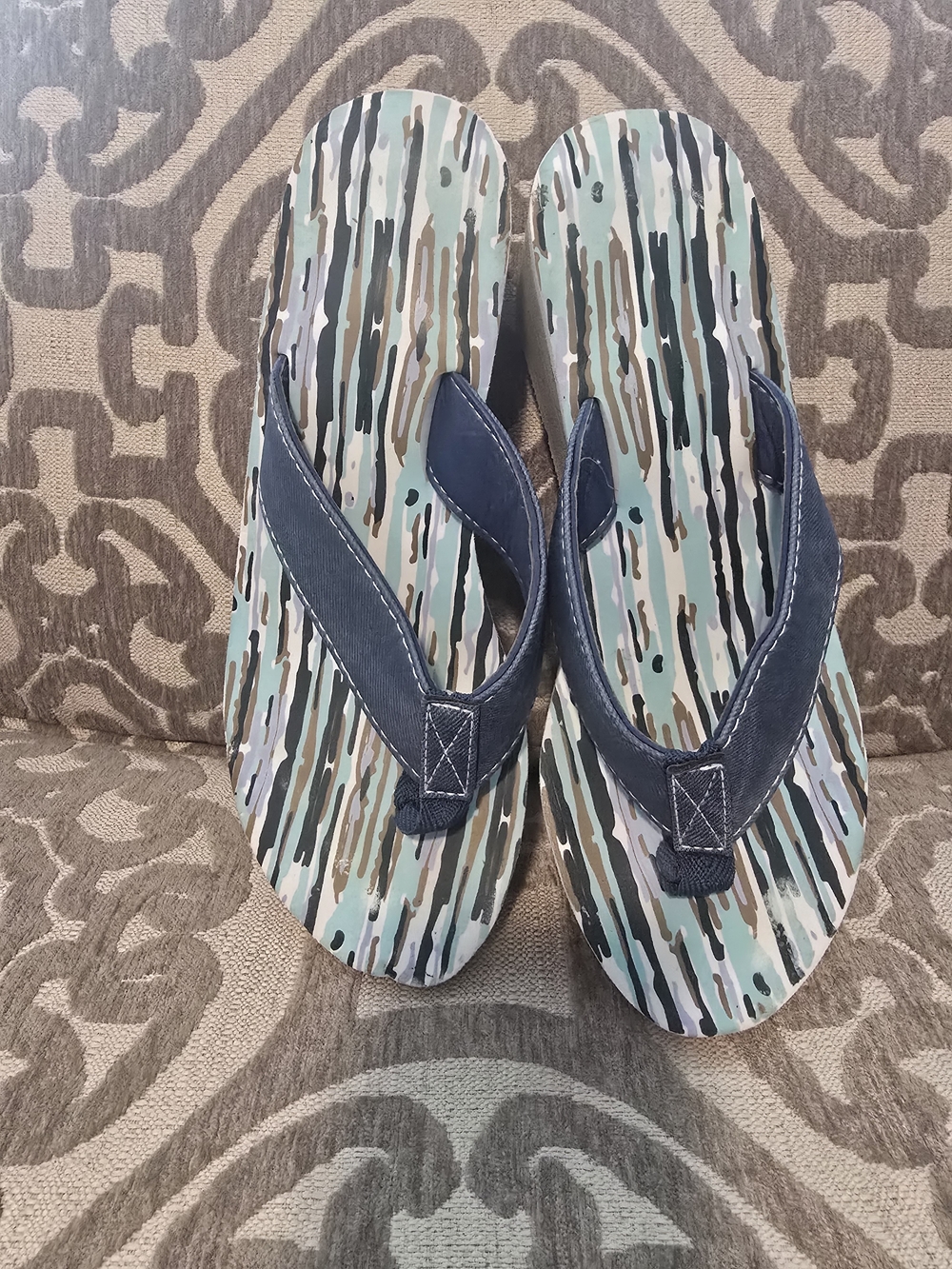 Women's Navy Strap Flip-Flop Sandals with Striped Footbed